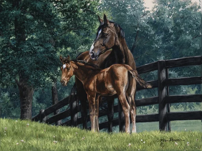 Beginnings, a mare and foal painting by Kim Penner