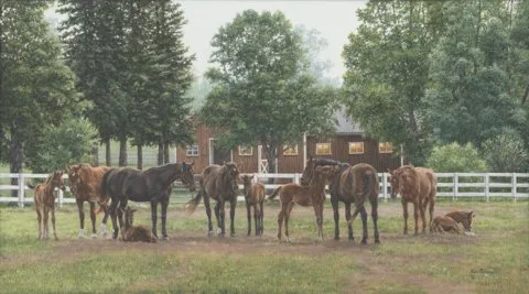 Barn and Horses, equine painting by Kim Penner, in a private collection