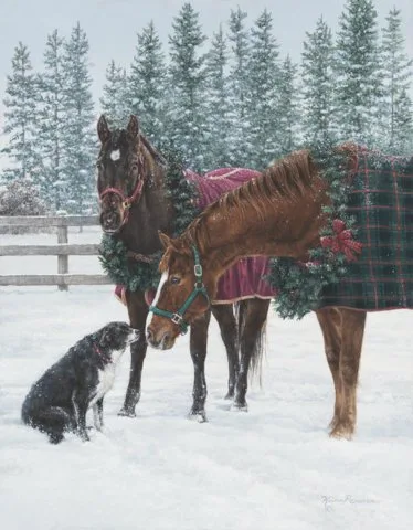 Two Horses and a Dog, equine painting by Kim Penner, in a private collection