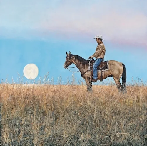 Commissioned portrait of a western rider on horseback beneath a prairie moon, painted in acrylic by Kim Penner