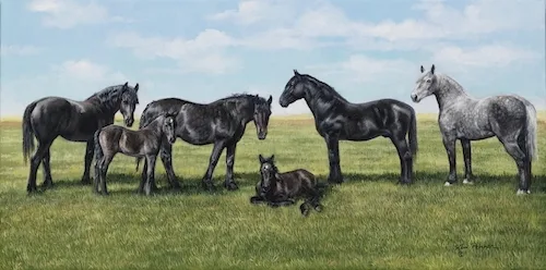 Commissioned portrait of a mare, foal and horse herd in a green pasture, painted in acrylic by Kim Penner