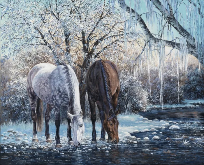 Commissioned portrait of two horses drinking from an icy winter stream, painted in acrylic by Kim Penner