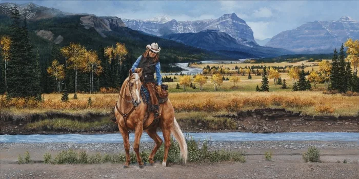 Commissioned western portrait of a rider and palomino horse in the Rocky Mountains, painted in acrylic by Kim Penner