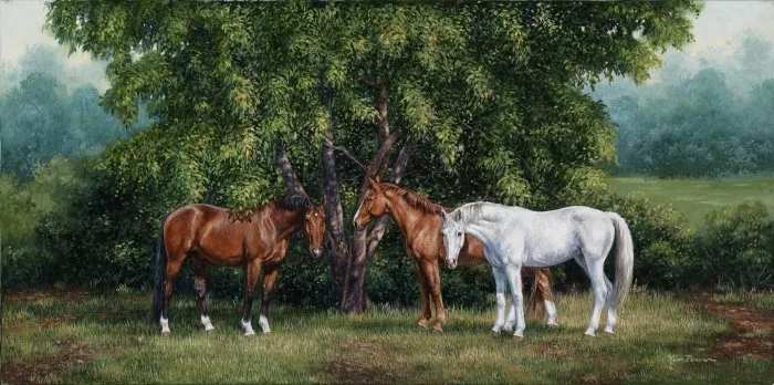 Country Neighbours, equine painting by Kim Penner