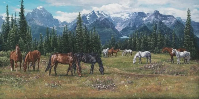 Herd of horses grazing in a wide alpine meadow with tall mountains and evergreen trees, original equine painting by Kim Penner.