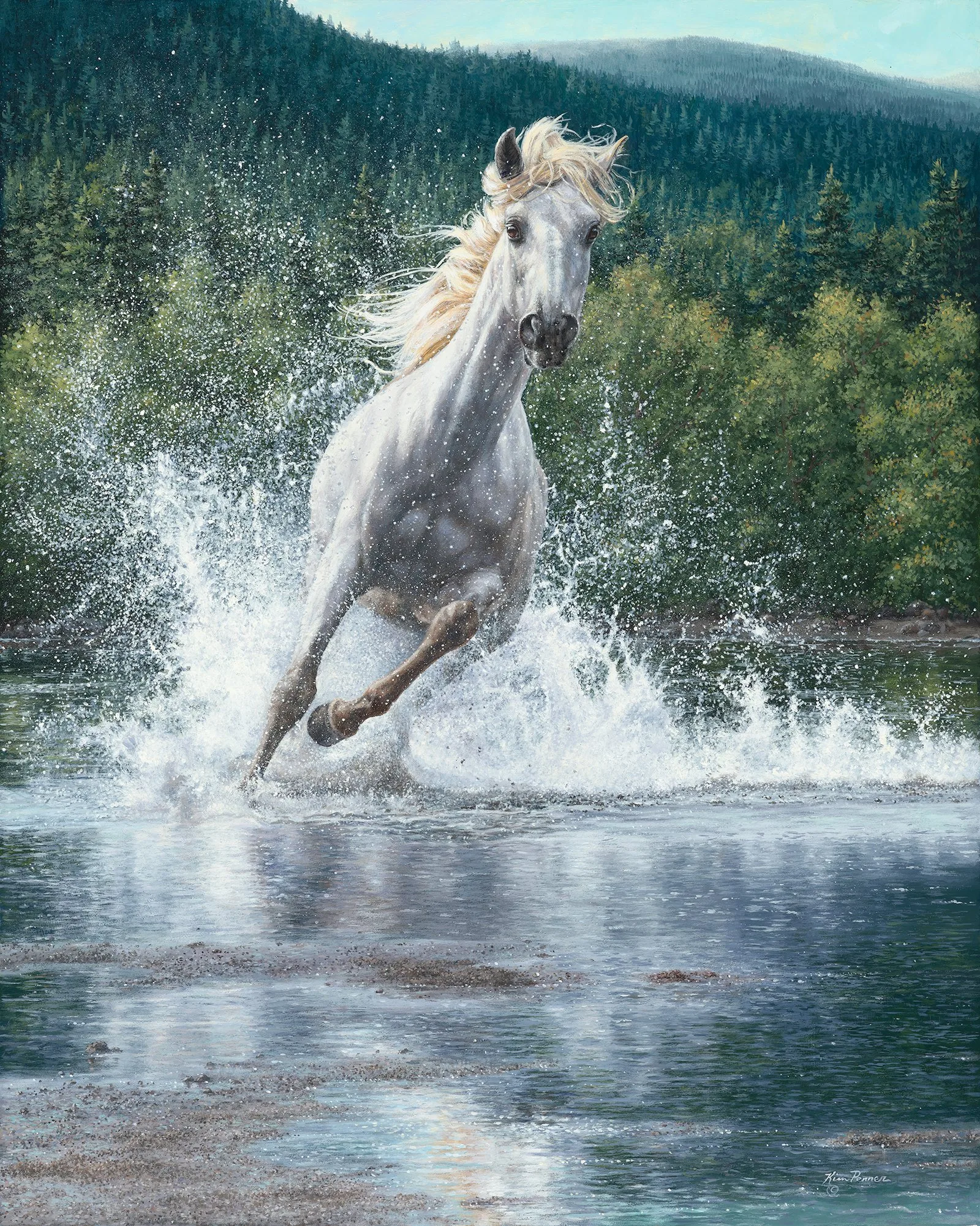 White horse jumping through a river with splashing water and forest scenery, original equine painting by Kim Penner.