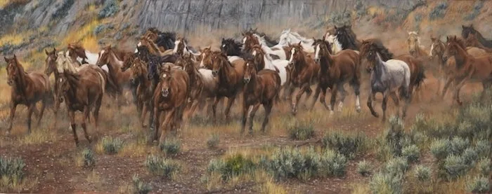 Herd of horses galloping across dusty terrain with motion blur and rugged hills, original equine painting by Kim Penner.