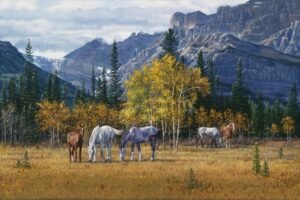 Horses grazing in an autumn meadow with golden aspens and tall mountain peaks, original equine painting by Kim Penner.