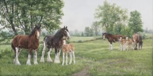 Mares and foals standing together in a green spring meadow with soft light, original equine painting by Kim Penner.