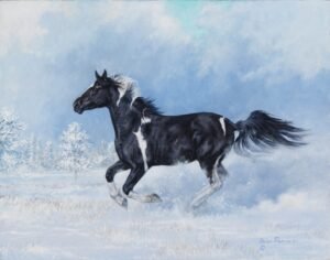 Black and white horse running through deep winter snow with frosted trees, original equine painting by Kim Penner.