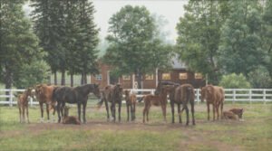 Mares and foals standing near farm buildings at dusk in a grassy paddock, original equine painting by Kim Penner.