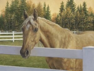 Palomino horse standing beside a white fence with golden evening trees behind, original equine painting by Kim Penner.