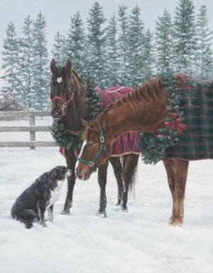 Horses in winter blankets meeting a dog near a snowy paddock fence, original equine painting by Kim Penner.