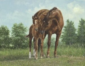 Mare standing closely with her foal in a grassy summer pasture, original equine painting by Kim Penner.