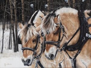 Pair of draft horses in winter harness standing in snowy woodland, original equine painting by Kim Penner.