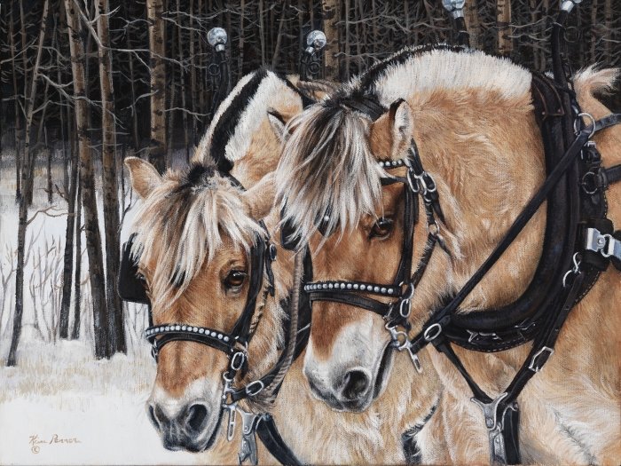 Pair of draft horses in winter harness standing in snowy woodland, original equine painting by Kim Penner.