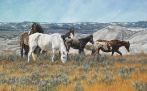 Group of horses grazing in a sagebrush meadow with rolling hills behind, original equine painting by Kim Penner.