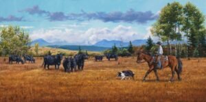 Horses, cattle, and a dog in a wide valley meadow under a cloudy blue sky, original equine painting by Kim Penner.