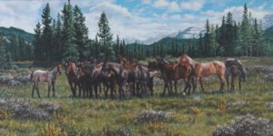 Herd of horses gathered near pine trees in a mountain meadow, original equine painting by Kim Penner.