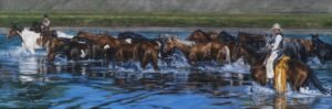 Herd of horses moving through a wide blue river with forest and mountains in the distance, original equine painting by Kim Penner.