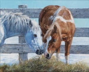 Two horses touching noses over a wooden fence with soft blue winter light, original equine painting by Kim Penner.”