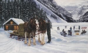 Draft horses pulling a sleigh through snowy mountains with riders on the trail behind, original equine painting by Kim Penner.