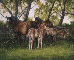 Mares and foals standing together beneath shaded trees in a peaceful green pasture, original equine painting by Kim Penner.
