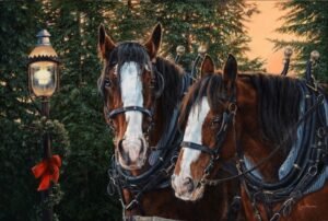 Harnessed pair of horses standing closely together in front of evergreen trees, winter-themed painting by Kim Penner.