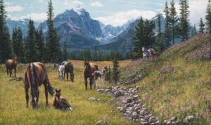 Horses resting and grazing in a rocky mountain valley with steep peaks and scattered wildflowers, original equine painting by Kim Penner.