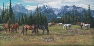 Herd of horses grazing in a wide alpine meadow with tall mountains and evergreen trees, original equine painting by Kim Penner.