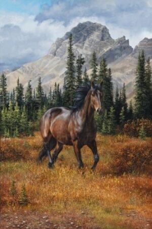 Bay horse standing alert in a mountain meadow with steep cliffs and evergreen forest, original equine painting by Kim Penner.