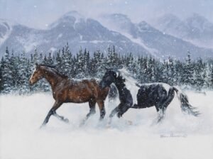 Horses running through deep snow with pine trees and mountains in the background, original equine painting by Kim Penner.