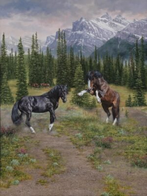 Two young horses playfully rearing and circling in a forest meadow with mountains behind, original equine painting by Kim Penner.
