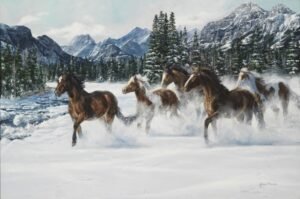 Horses galloping through deep snow with snowy mountains and pine forest in the background, original equine painting by Kim Penner.