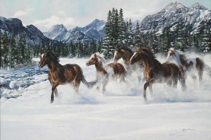 Horses galloping through deep snow with snowy mountains and pine forest in the background, original equine painting by Kim Penner.