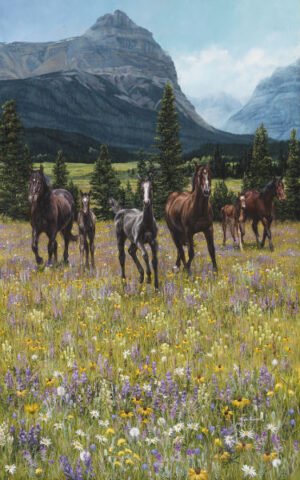 Horses running through a wildflower-covered meadow with mountains and pine trees, original equine painting by Kim Penner.