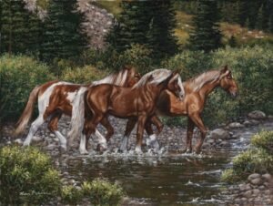 Horses walking through a shallow mountain stream surrounded by forest and rocks, original equine painting by Kim Penner.