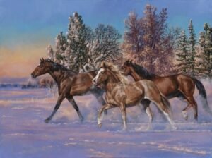 Horses running through deep winter snow with frosted trees behind them, original equine painting by Kim Penner.