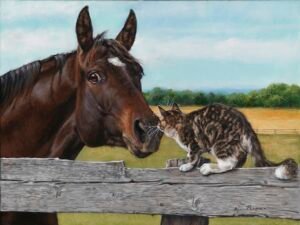 Horse touching noses with a cat sitting on a wooden fence in a paddock, original equine painting by Kim Penner.