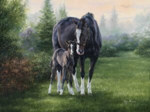 Mare standing protectively with her newborn foal in a misty green pasture, original equine painting by Kim Penner.