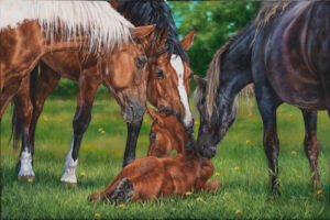 Mare nuzzling her resting foal in a grassy meadow with other horses nearby, original equine painting by Kim Penner.