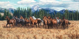 Herd of horses trotting across foothill grassland with tall mountains and pine forest behind, original equine painting by Kim Penner.